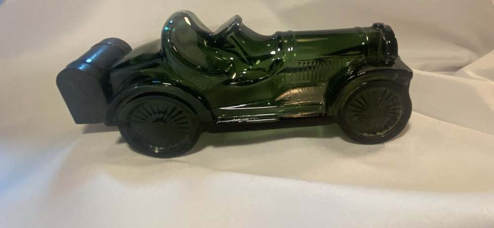 Vintage Avon Straight Eight Green Glass Racecar Decanter After Shave